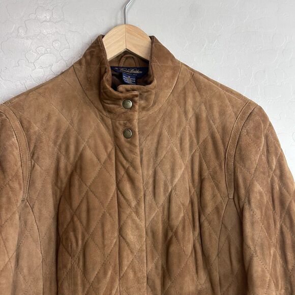 Brooks Brothers Women’s Suede Leather Jacket Size 12 Brown Quilted Moto Zip - Picture 2 of 6
